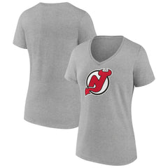 New Jersey Devils - Women's Primary Logo Team V-Neck T-Shirt Heather Gray