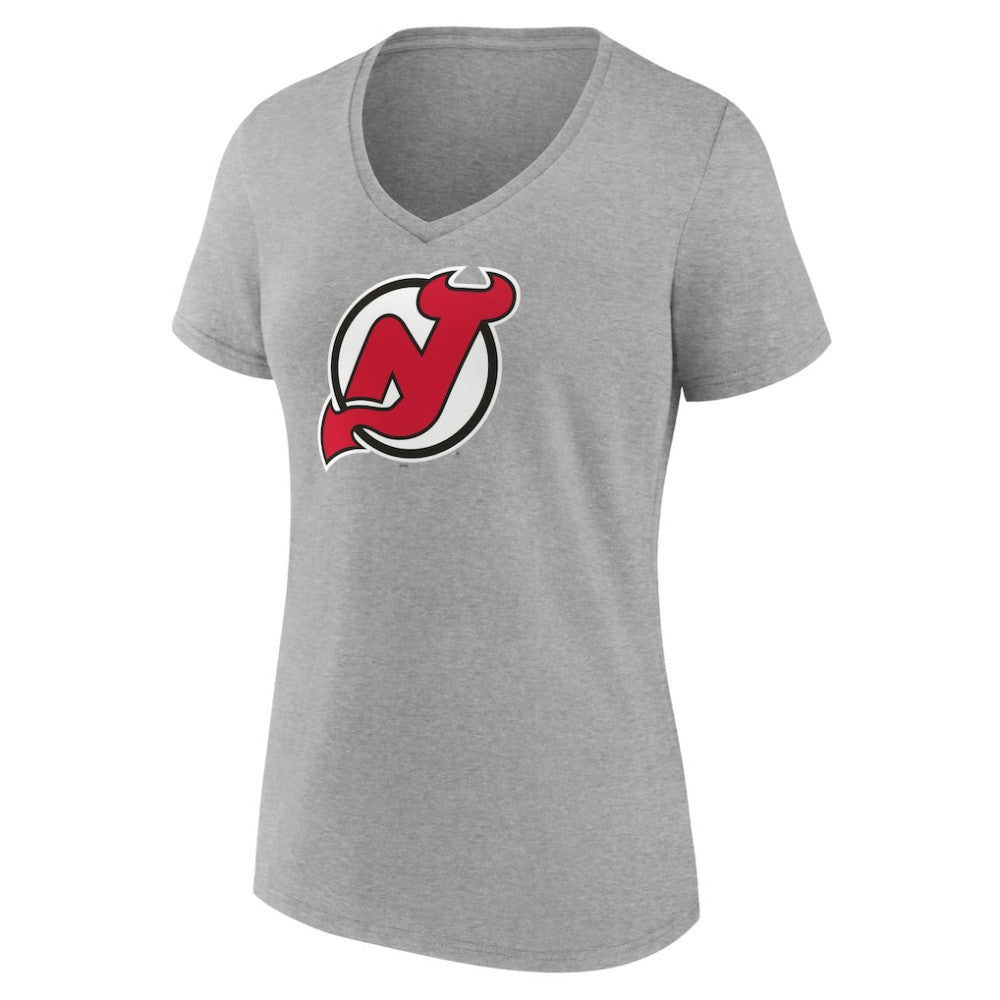 New Jersey Devils - Women's Primary Logo Team V-Neck T-Shirt Heather Gray