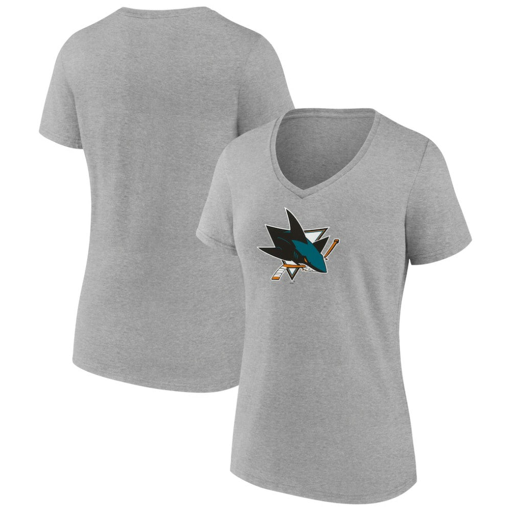 San Jose Sharks - Women's Primary Logo Team V-Neck T-Shirt Heather Gray