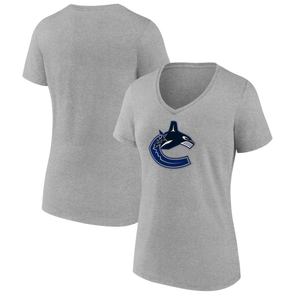 Vancouver Canucks - Women's Primary Logo Team V-Neck T-Shirt Heather Gray
