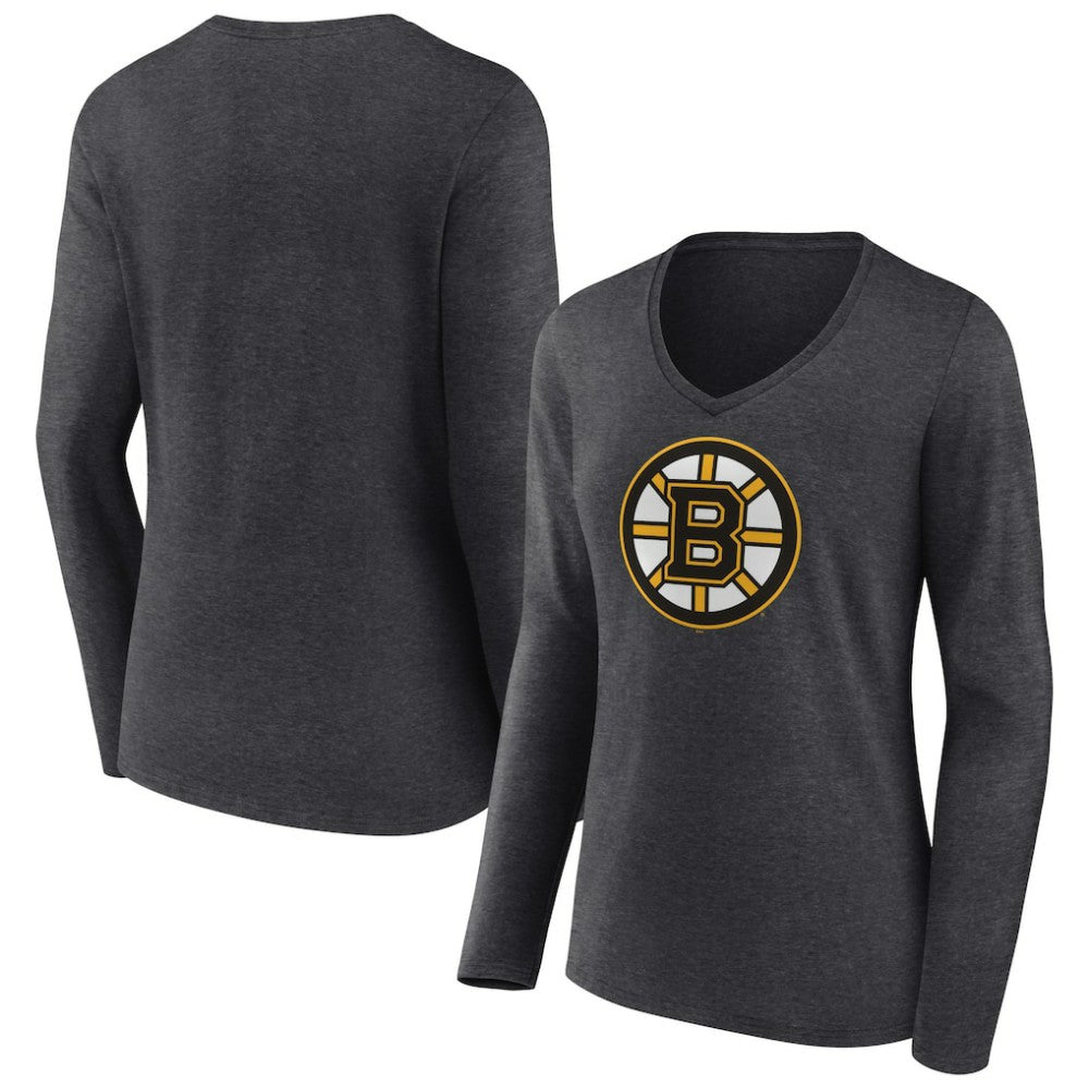 Boston Bruins Women's Primary Team Logo Long Sleeve V-Neck T-Shirt Heather Charcoal