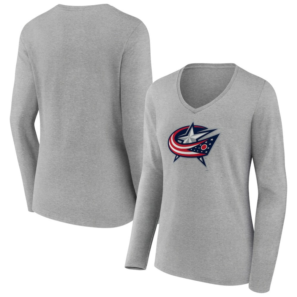 Columbus Blue Jackets - Women's Primary Logo Team Long Sleeve V-Neck T-Shirt Heather Gray