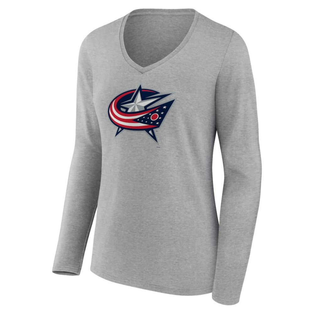 Columbus Blue Jackets - Women's Primary Logo Team Long Sleeve V-Neck T-Shirt Heather Gray