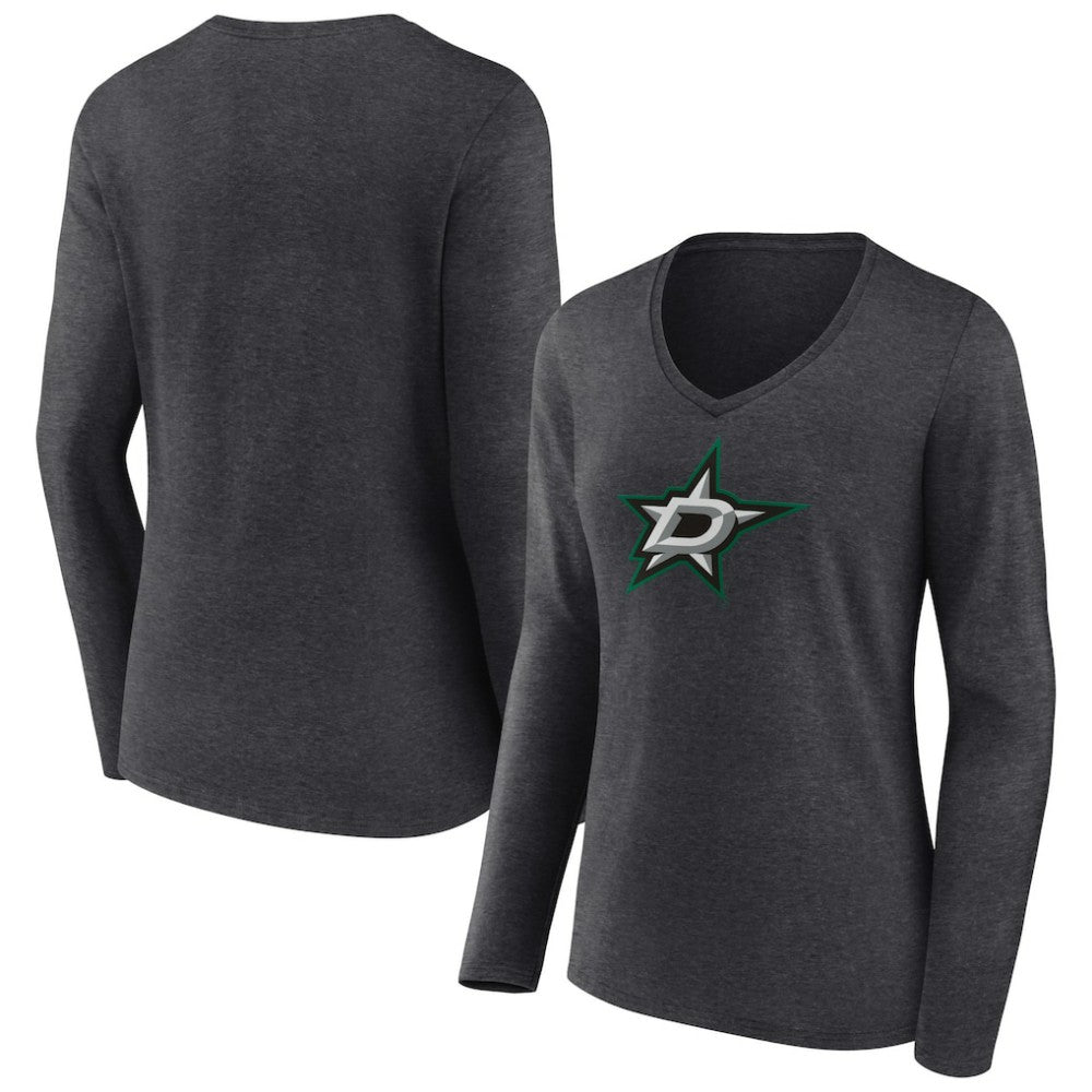 Dallas Stars - Women's Primary Team Logo Long Sleeve V-Neck T-Shirt Heather Charcoal
