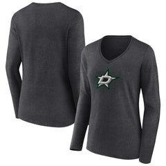 Dallas Stars - Women's Primary Team Logo Long Sleeve V-Neck T-Shirt Heather Charcoal