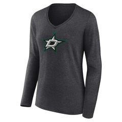 Dallas Stars - Women's Primary Team Logo Long Sleeve V-Neck T-Shirt Heather Charcoal