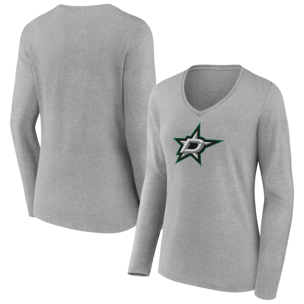 Dallas Stars - Women's Primary Logo Team Long Sleeve V-Neck T-Shirt Heather Gray