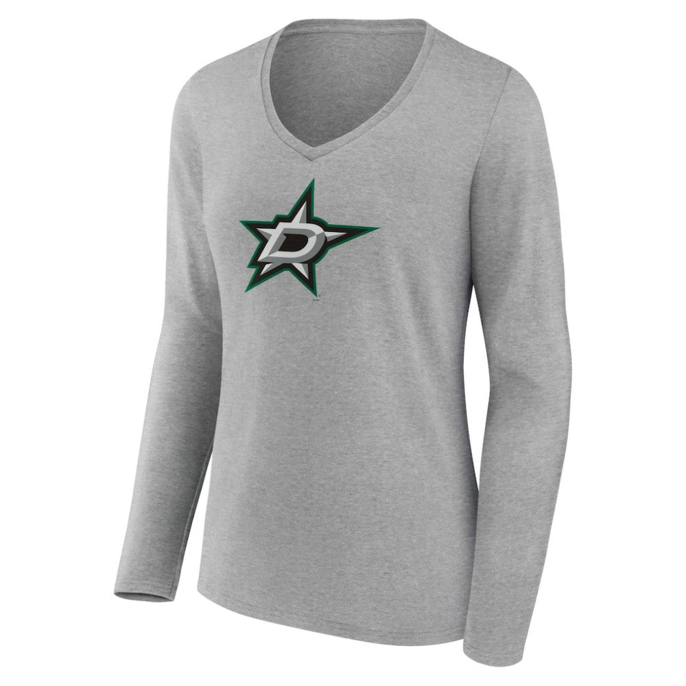 Dallas Stars - Women's Primary Logo Team Long Sleeve V-Neck T-Shirt Heather Gray