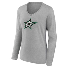 Dallas Stars - Women's Primary Logo Team Long Sleeve V-Neck T-Shirt Heather Gray