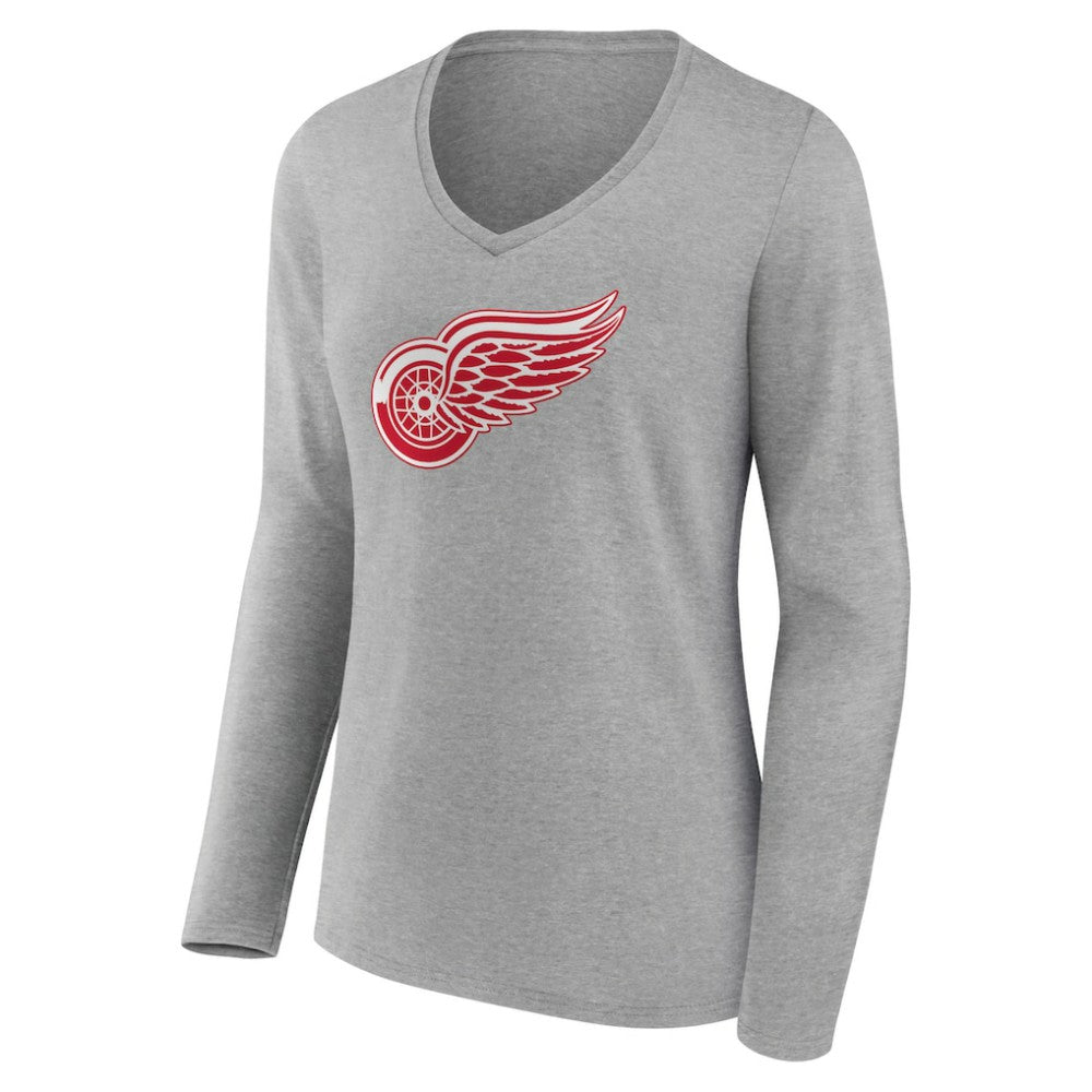 Detroit Red Wings - Women's Primary Logo Team Long Sleeve V-Neck T-Shirt Heather Gray