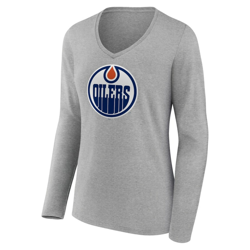 Edmonton Oilers - Women's Primary Logo Team Long Sleeve V-Neck T-Shirt Heather Gray