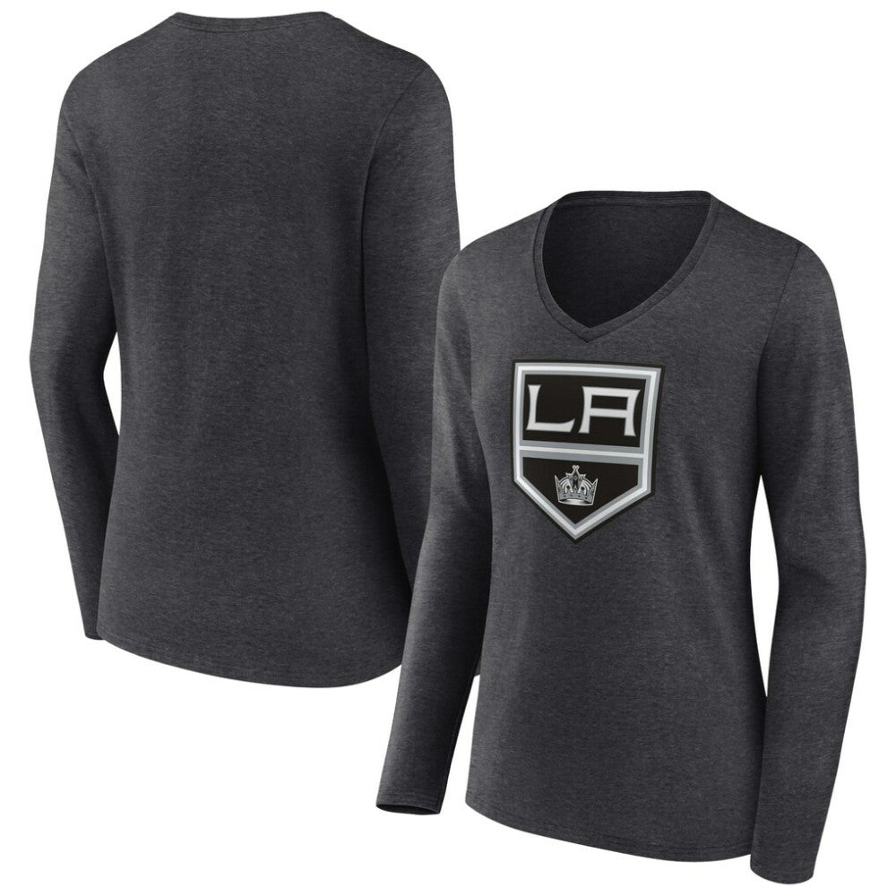 Los Angeles Kings - Women's Primary Team Logo Long Sleeve V-Neck T-Shirt Heather Charcoal