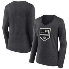Los Angeles Kings - Women's Primary Team Logo Long Sleeve V-Neck T-Shirt Heather Charcoal
