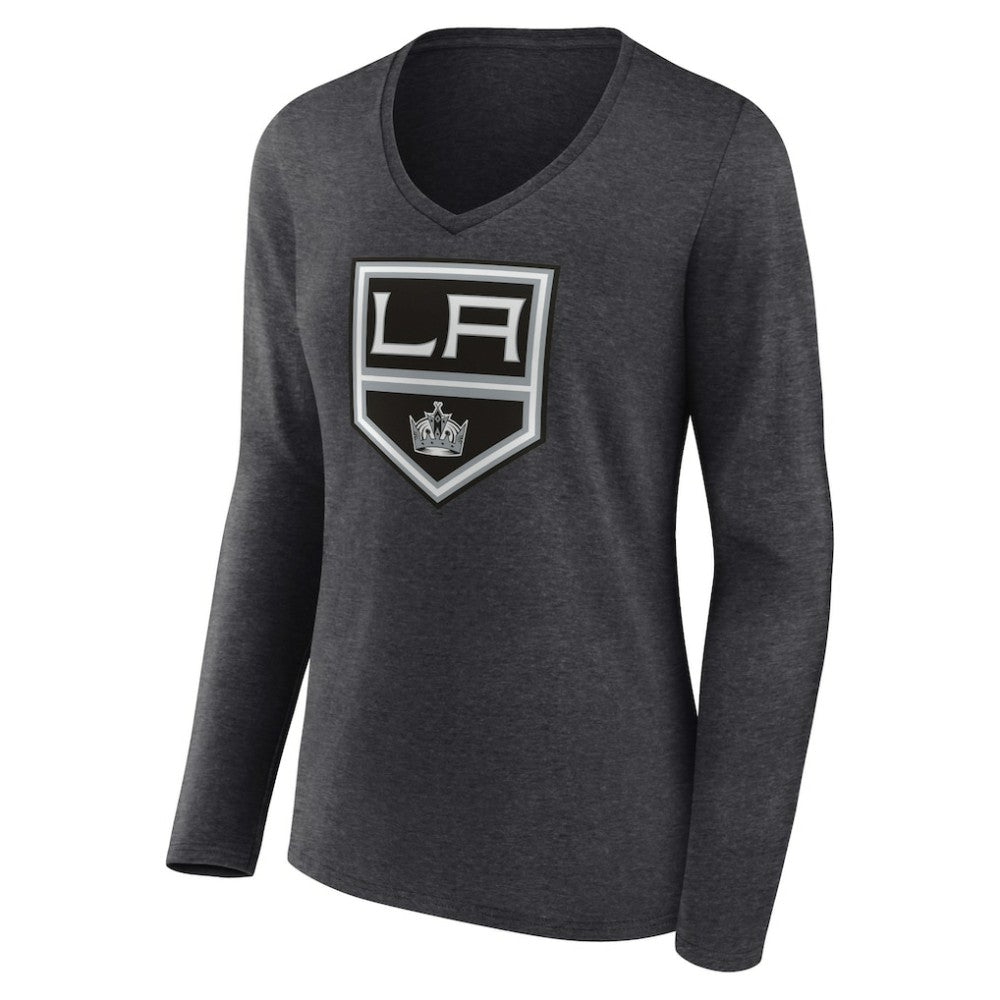 Los Angeles Kings - Women's Primary Team Logo Long Sleeve V-Neck T-Shirt Heather Charcoal