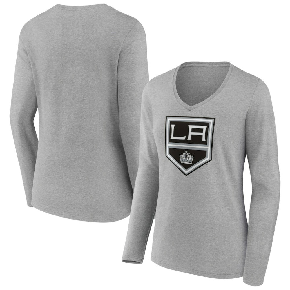 Los Angeles Kings - Women's Primary Logo Team Long Sleeve V-Neck T-Shirt Heather Gray