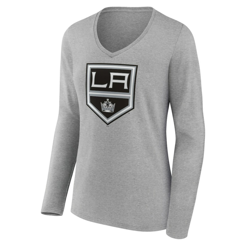 Los Angeles Kings - Women's Primary Logo Team Long Sleeve V-Neck T-Shirt Heather Gray