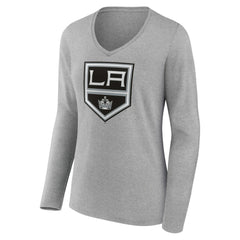 Los Angeles Kings - Women's Primary Logo Team Long Sleeve V-Neck T-Shirt Heather Gray