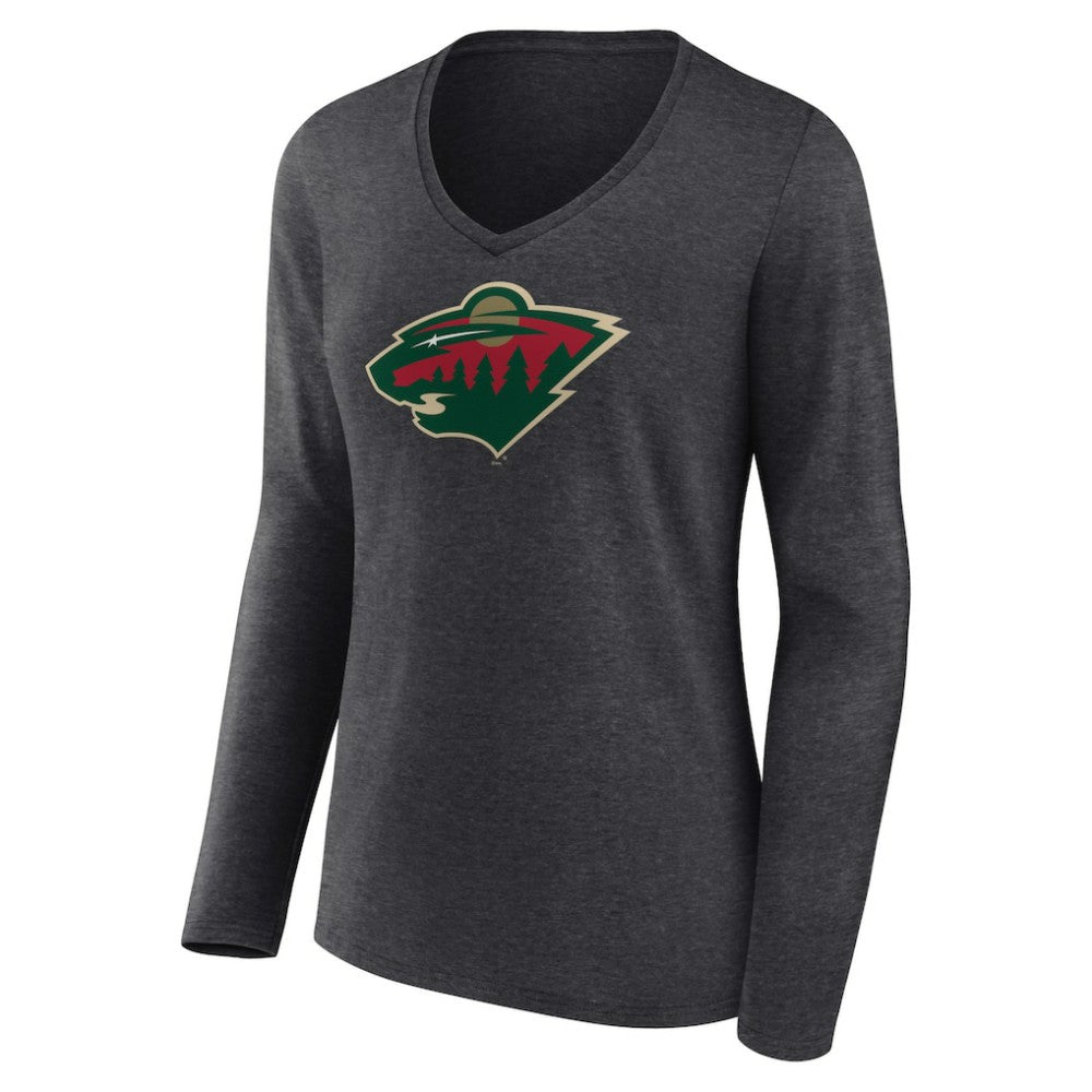 Minnesota Wild - Women's Primary Team Logo Long Sleeve V-Neck T-Shirt Heather Charcoal