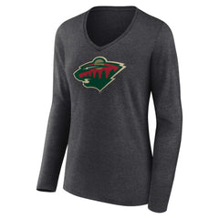 Minnesota Wild - Women's Primary Team Logo Long Sleeve V-Neck T-Shirt Heather Charcoal