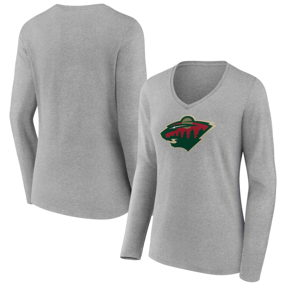 Minnesota Wild - Women's Primary Logo Team Long Sleeve V-Neck T-Shirt Heather Gray