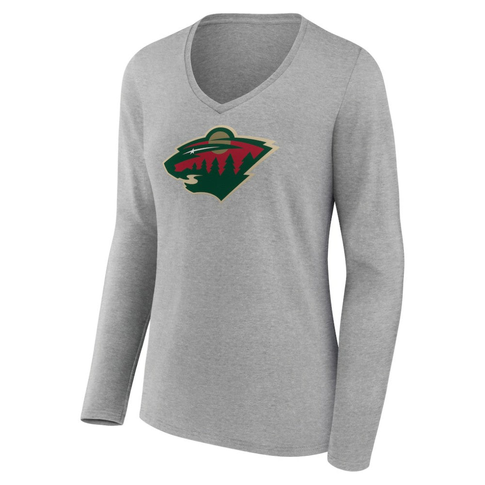 Minnesota Wild - Women's Primary Logo Team Long Sleeve V-Neck T-Shirt Heather Gray