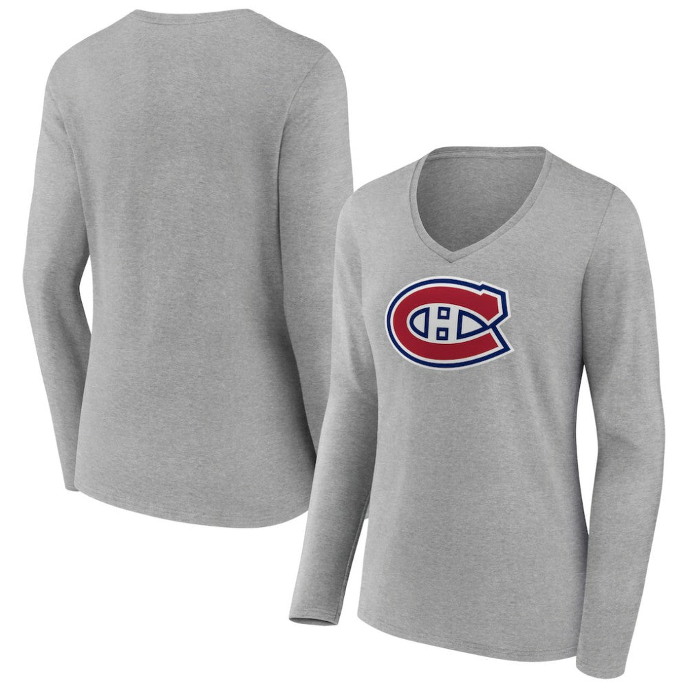 Montreal Canadiens - Women's Primary Logo Team Long Sleeve V-Neck T-Shirt Heather Gray