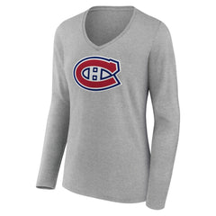 Montreal Canadiens - Women's Primary Logo Team Long Sleeve V-Neck T-Shirt Heather Gray
