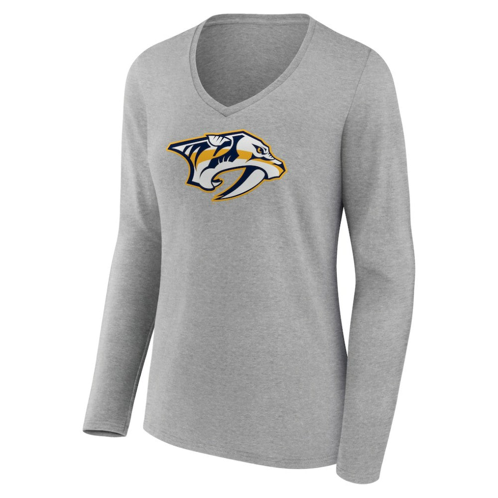 Nashville Predators - Women's Primary Logo Team Long Sleeve V-Neck T-Shirt Heather Gray