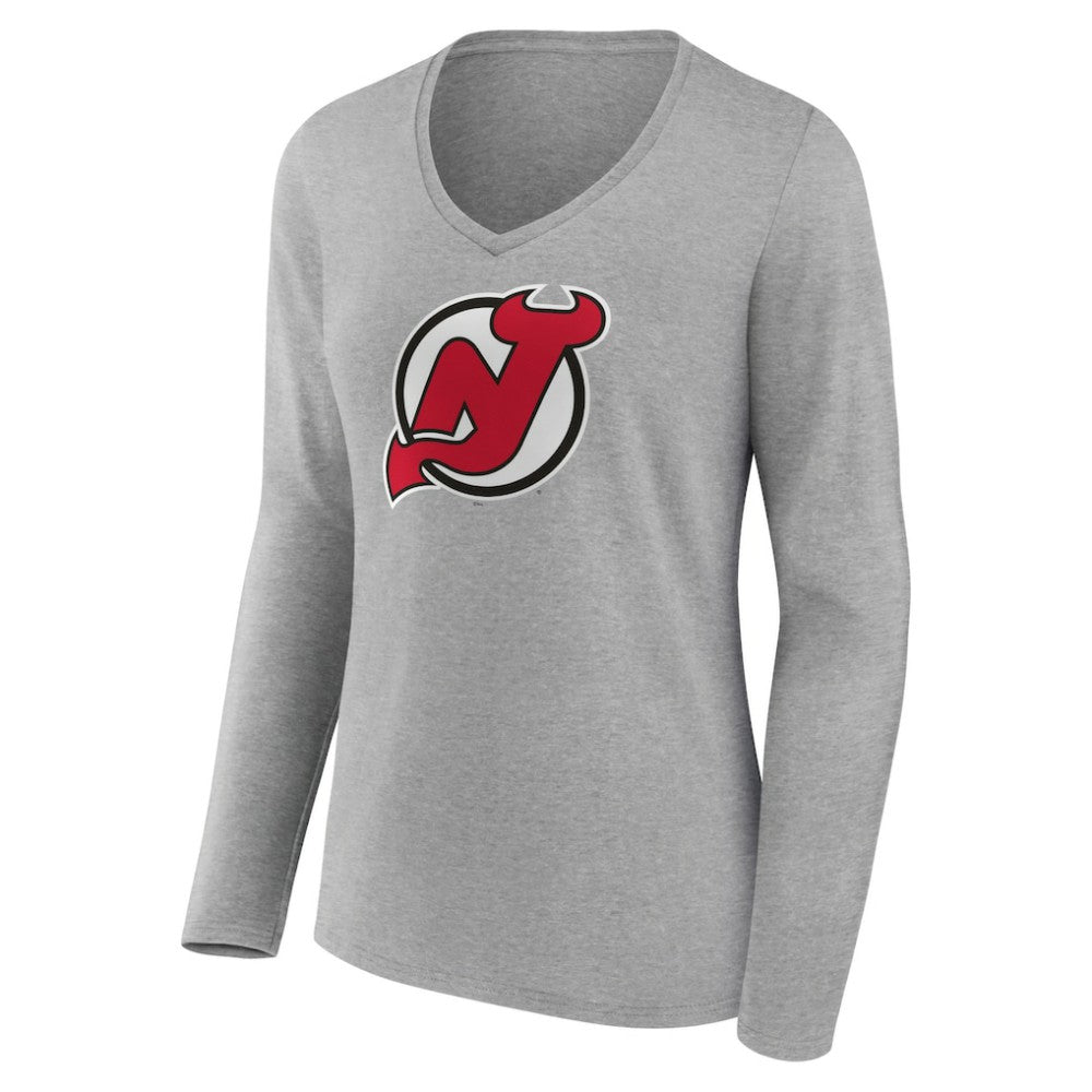 New Jersey Devils - Women's Primary Logo Team Long Sleeve V-Neck T-Shirt Heather Gray