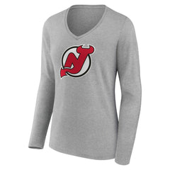 New Jersey Devils - Women's Primary Logo Team Long Sleeve V-Neck T-Shirt Heather Gray
