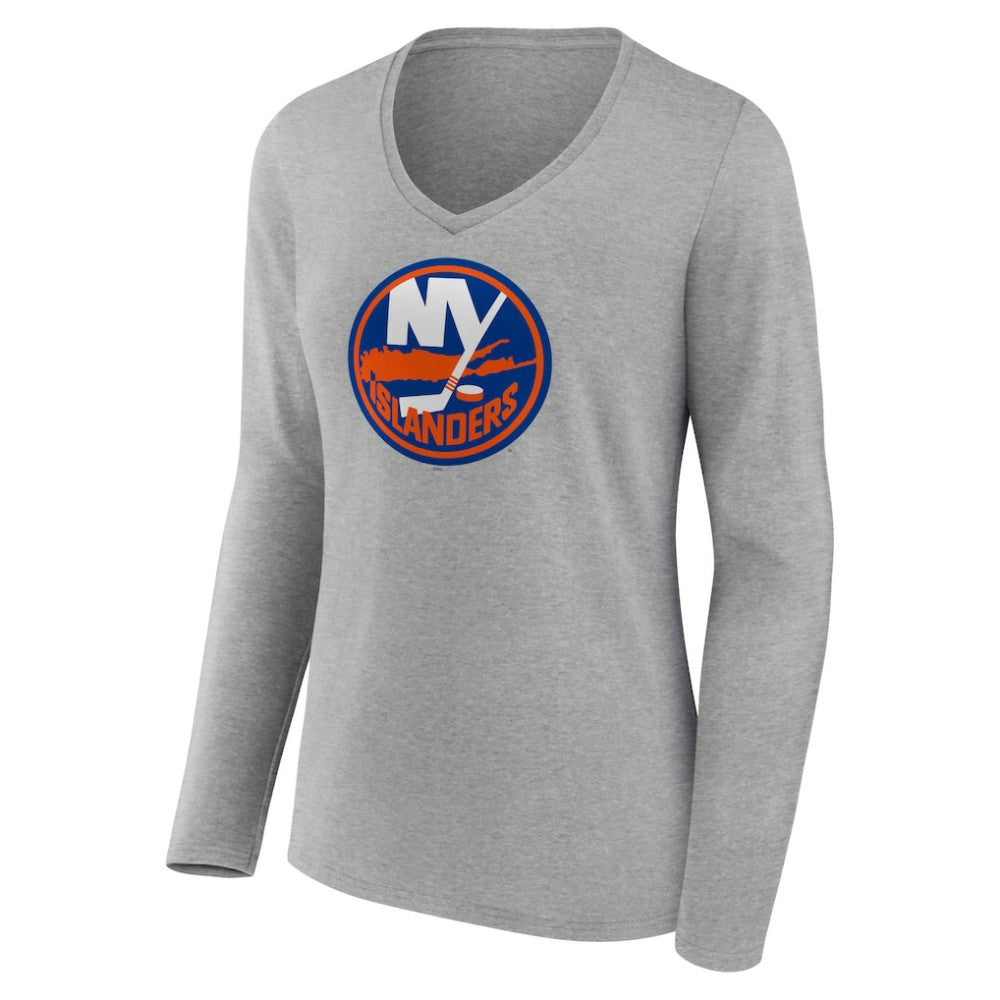 New York Islanders - Women's Primary Logo Team Long Sleeve V-Neck T-Shirt Heather Gray