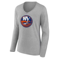 New York Islanders - Women's Primary Logo Team Long Sleeve V-Neck T-Shirt Heather Gray