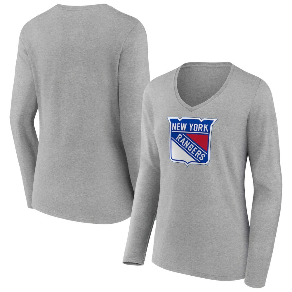 New York Rangers Women's Primary Logo Team Long Sleeve V-Neck T-Shirt Heather Gray