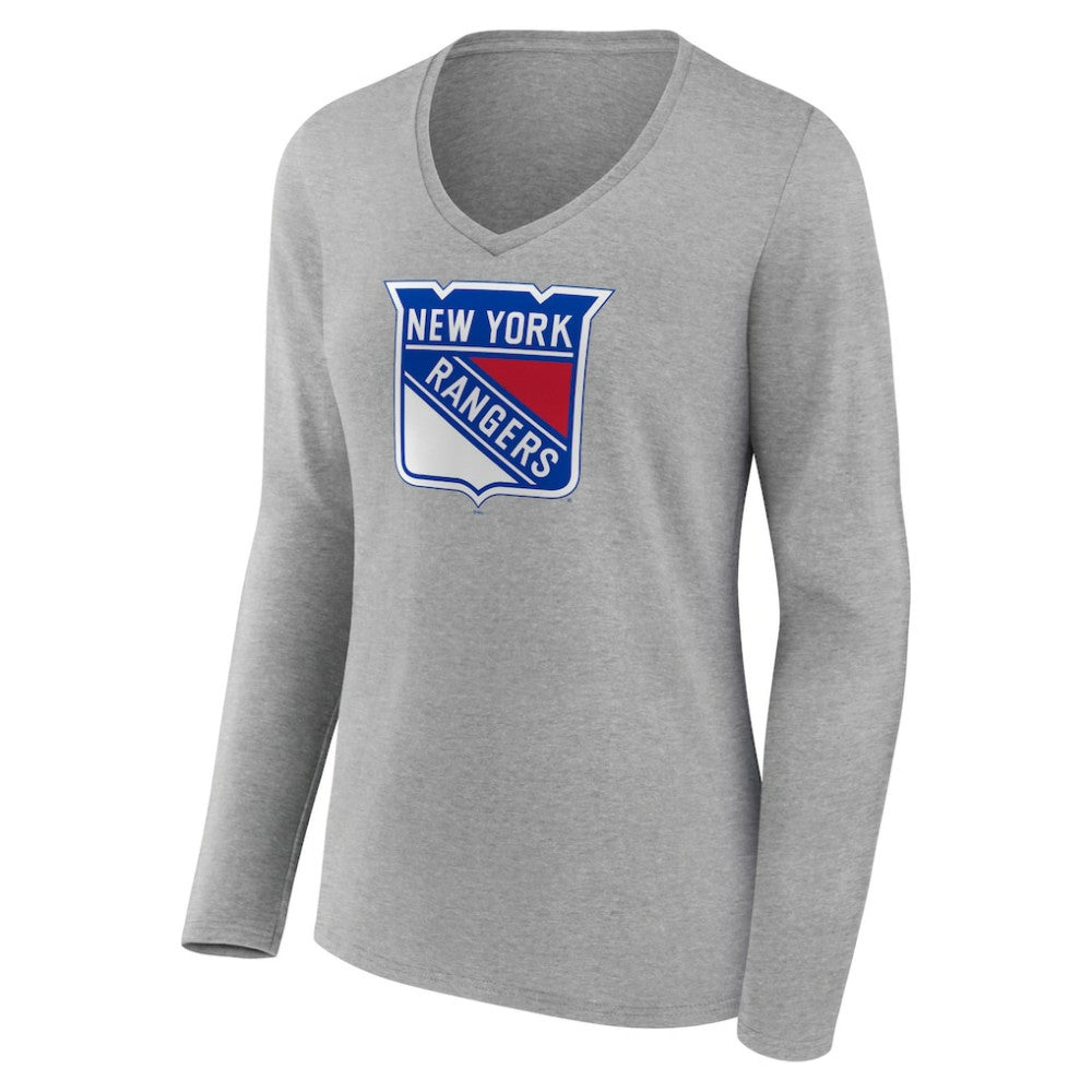New York Rangers Women's Primary Logo Team Long Sleeve V-Neck T-Shirt Heather Gray