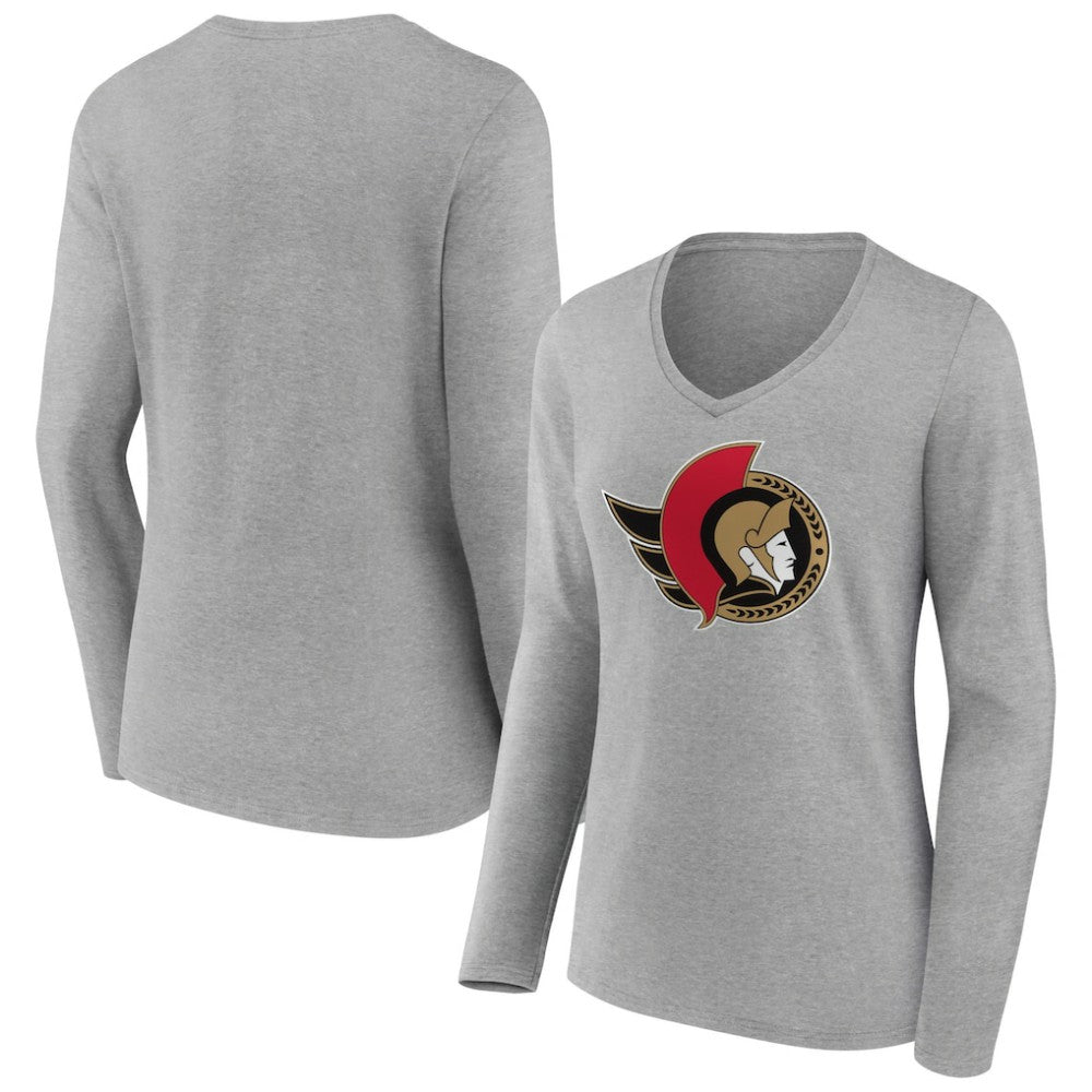 Ottawa Senators - Women's Primary Logo Team Long Sleeve V-Neck T-Shirt Heather Gray