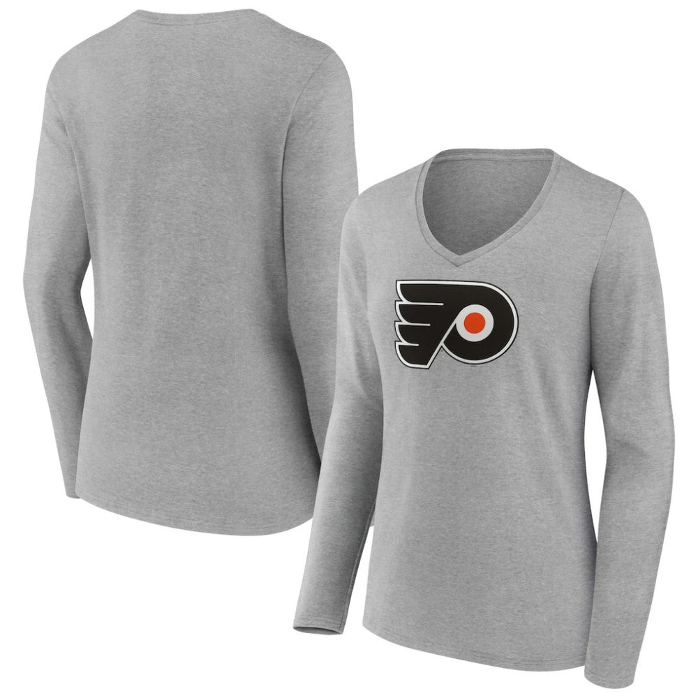 Philadelphia Flyers - Women's Primary Logo Team Long Sleeve V-Neck T-Shirt Heather Gray