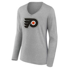 Philadelphia Flyers - Women's Primary Logo Team Long Sleeve V-Neck T-Shirt Heather Gray
