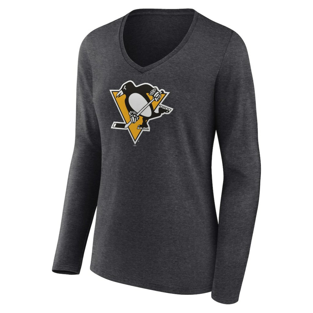 Pittsburgh Penguins Women's Primary Team Logo Long Sleeve V-Neck T-Shirt Heather Charcoal