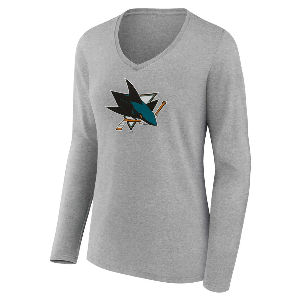 San Jose Sharks - Women's Primary Logo Team Long Sleeve V-Neck T-Shirt Heather Gray