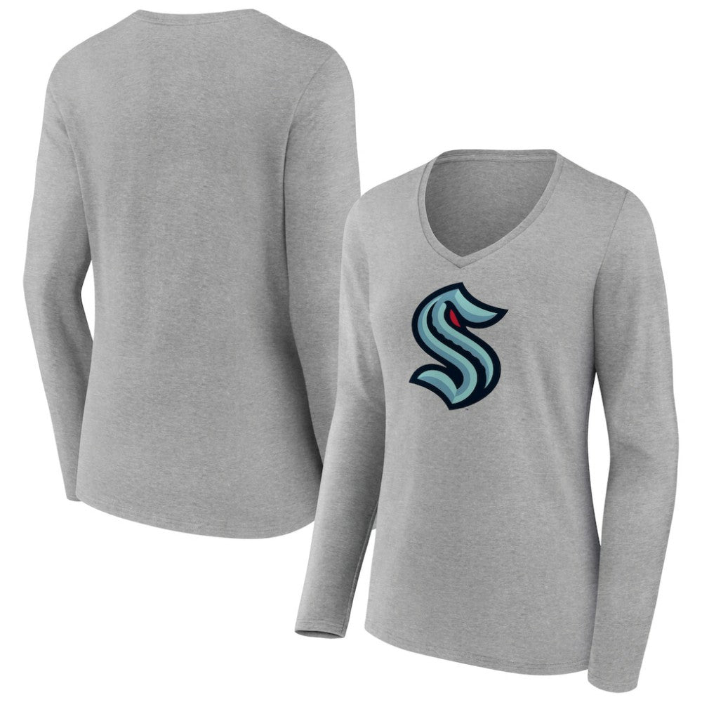 Seattle Kraken Women's Primary Logo Team Long Sleeve V-Neck T-Shirt Heather Gray