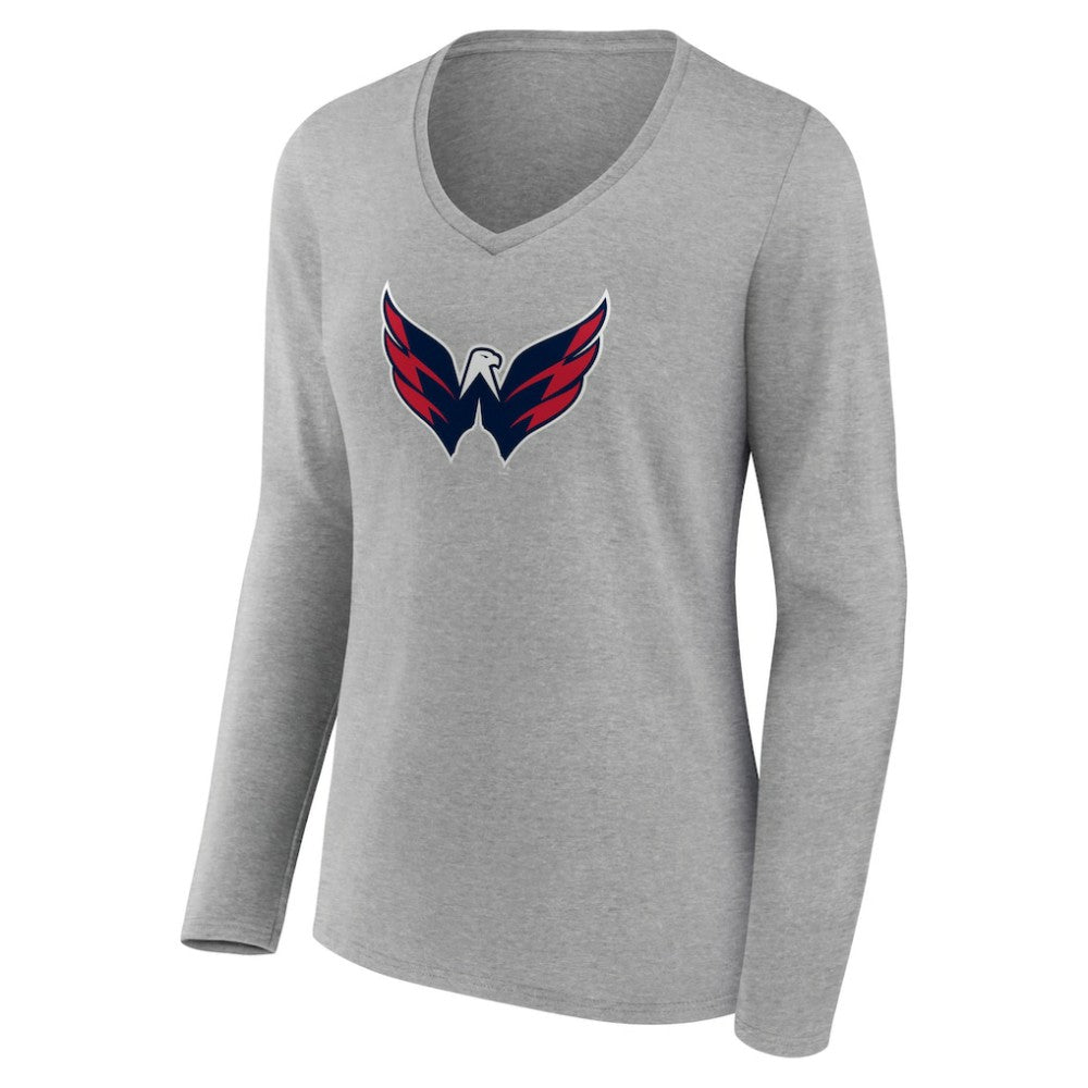 Washington Capitals Women's Primary Logo Team Long Sleeve V-Neck T-Shirt Heather Gray