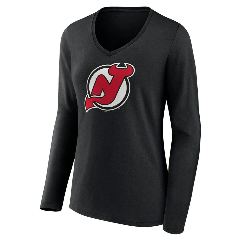 New Jersey Devils - Women's Primary Team Logo Long Sleeve V-Neck T-Shirt Black