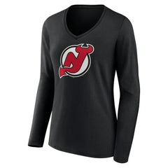 New Jersey Devils - Women's Primary Team Logo Long Sleeve V-Neck T-Shirt Black