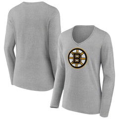 Boston Bruins Women's Primary Logo Team Long Sleeve V-Neck T-Shirt Heather Gray