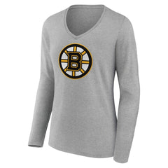 Boston Bruins Women's Primary Logo Team Long Sleeve V-Neck T-Shirt Heather Gray