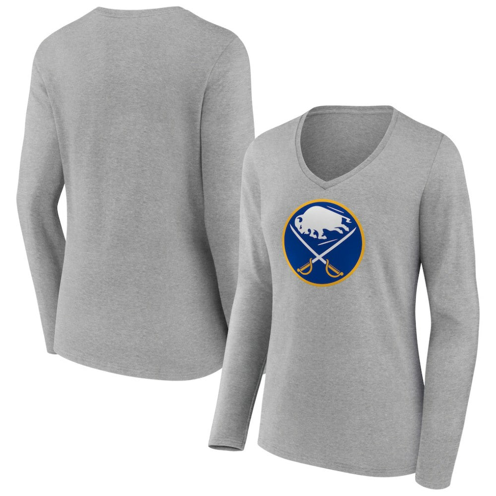 Buffalo Sabres - Women's Primary Logo Team Long Sleeve V-Neck T-Shirt Heather Gray