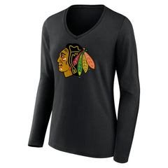 Chicago Blackhawks Women's Primary Team Logo Long Sleeve V-Neck T-Shirt Black