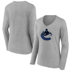 Vancouver Canucks - Women's Primary Logo Team Long Sleeve V-Neck T-Shirt Heather Gray