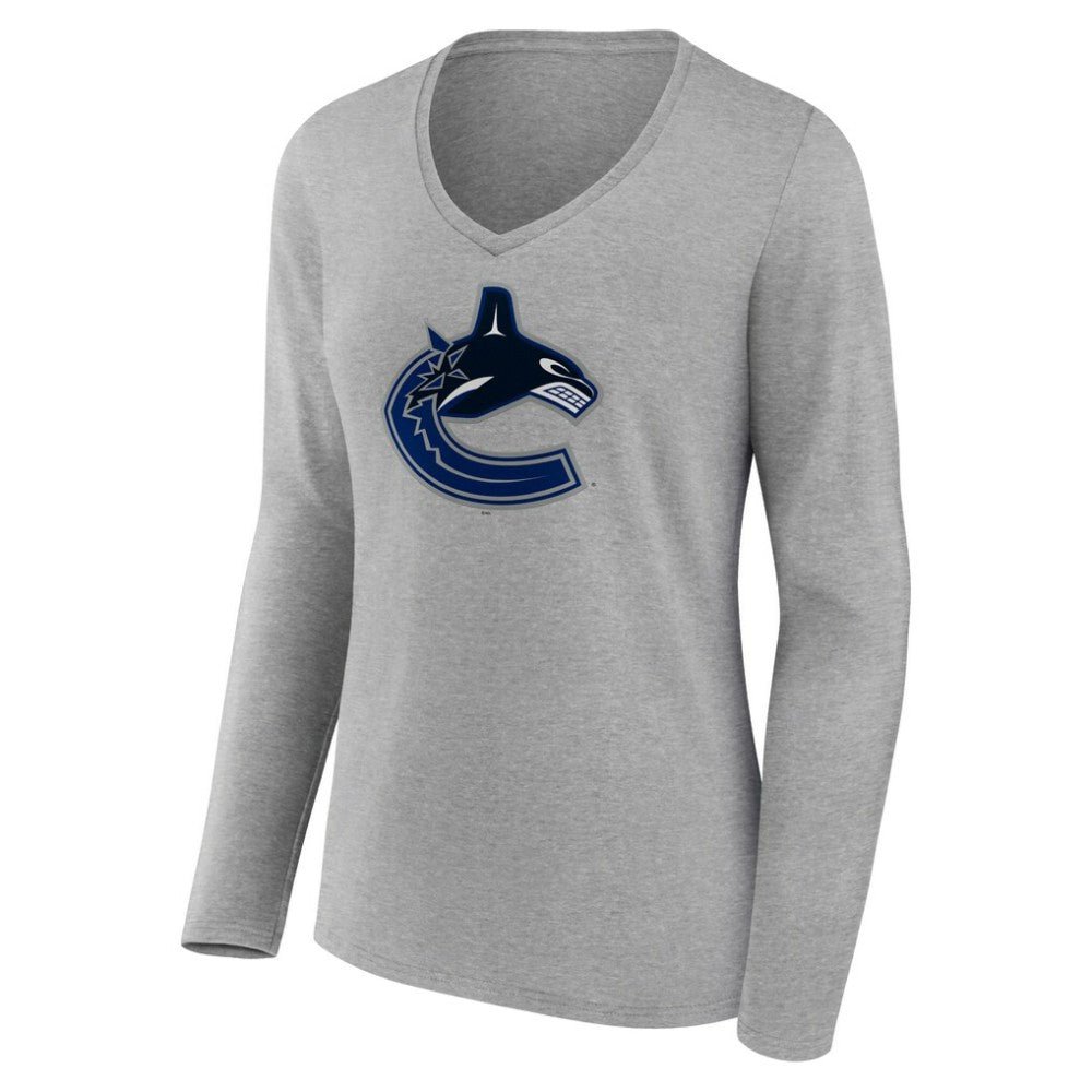 Vancouver Canucks - Women's Primary Logo Team Long Sleeve V-Neck T-Shirt Heather Gray