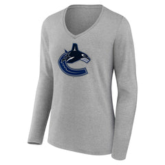 Vancouver Canucks - Women's Primary Logo Team Long Sleeve V-Neck T-Shirt Heather Gray
